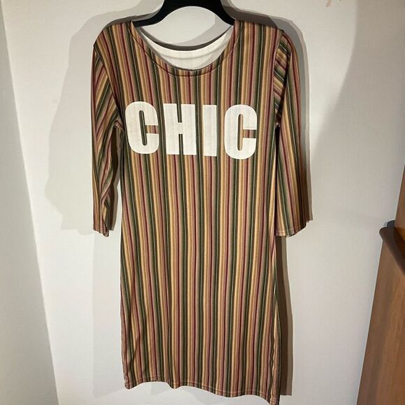 3/4 L Sleeve pull over “CHIC” Dress! Vertical stripes with graphic. Straight cut - Picture 1 of 6
